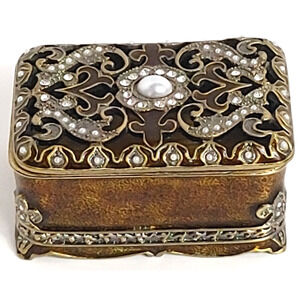 Heirloom Brass Box Enamel Embellished Treasure Trinket Lid Faux Pearl Rhinestone